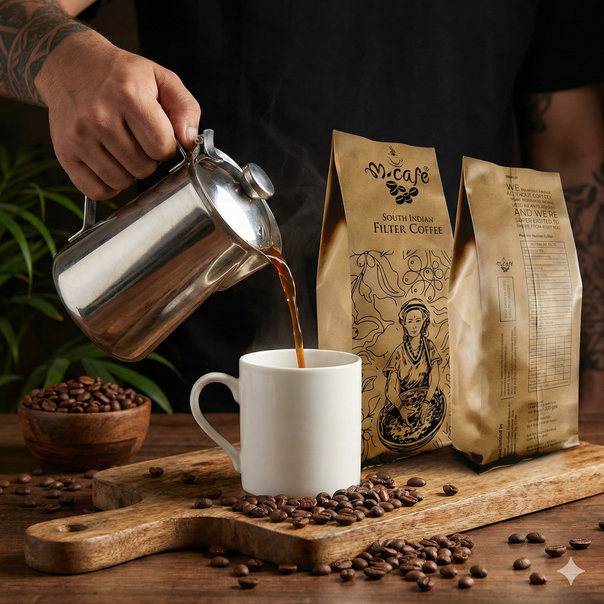 Traditional brass Dabara and Tumbler with frothy South Indian filter coffee